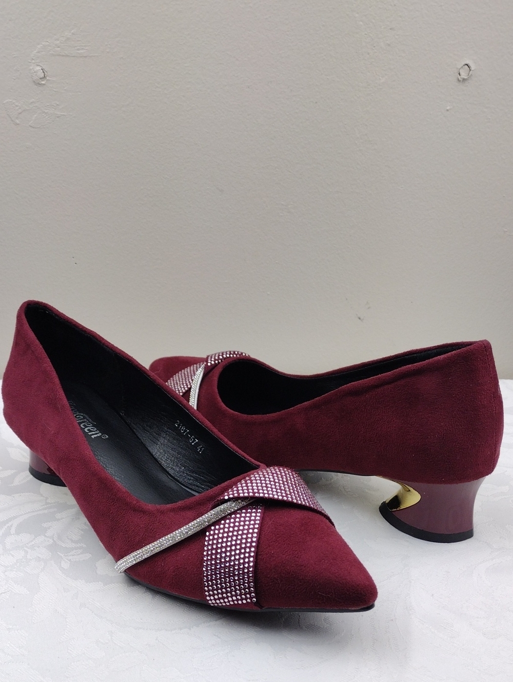 Kay Green Burgundy Faux Suede Crisscross Rhinestone Embellished Point Toe Pumps